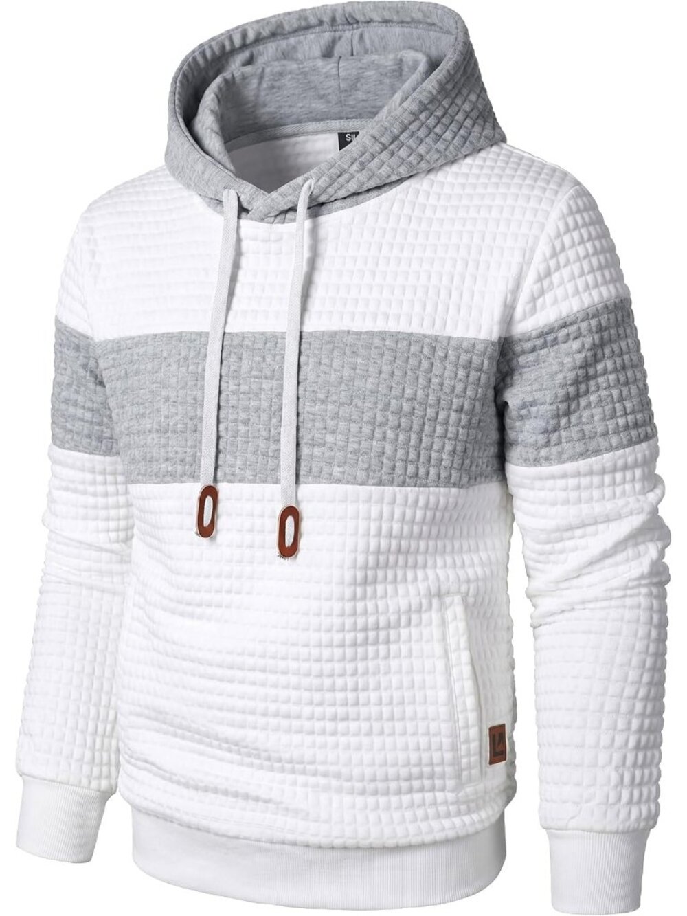 Men White Light Grey Pullover Casual Long Sleeve Patchwork Plaid Jacquard Hoodie